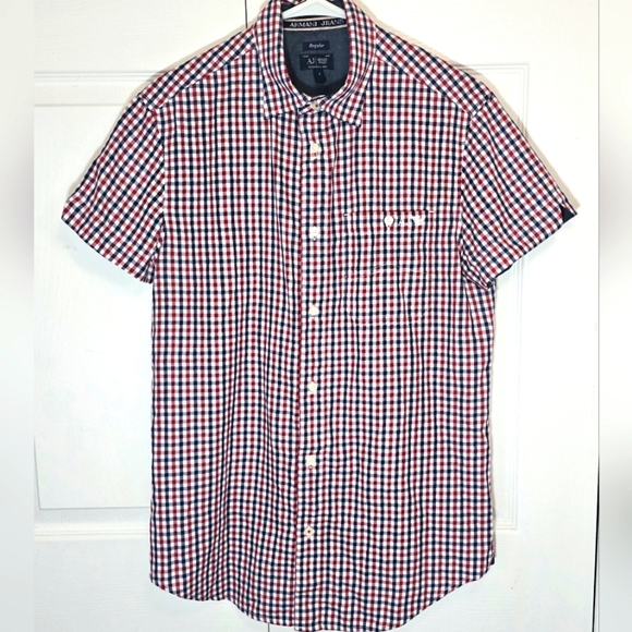 Armani‎ Jeans Men's Plaid Button Down Shirt Red Bkue Short Sleeves Casual Small - Picture 1 of 8